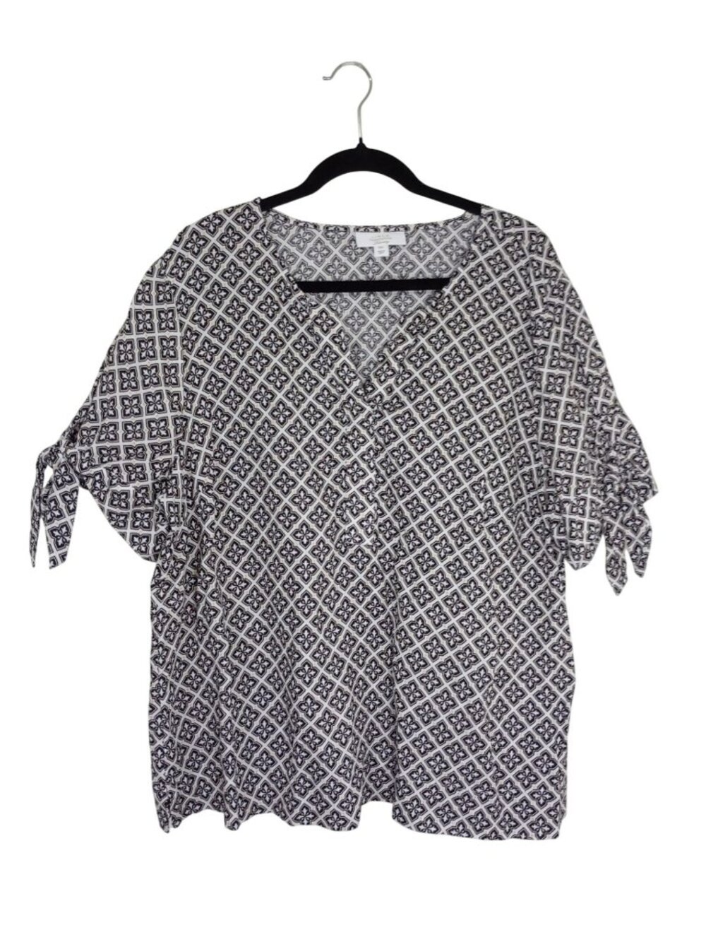 Charter Club XXL Womens 100% Linen Blouse Black & White Floral Geometric Print